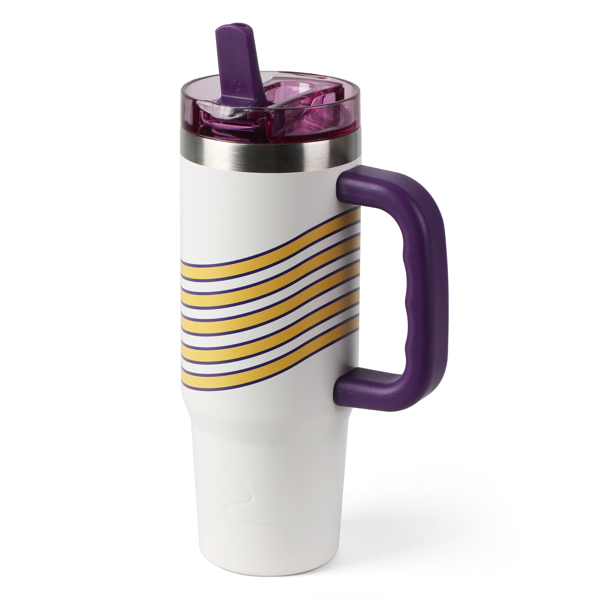 Ozark Trail 30 oz Stainless Steel Insulated Tumbler with Handle, White with Purple and Yellow Varsity Stripes
