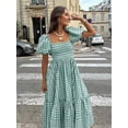 thumbnail image 2 of Aqua Green Plaid Square Neck Puff Sleeve Tiered Midi Dress For Women, 2 of 6
