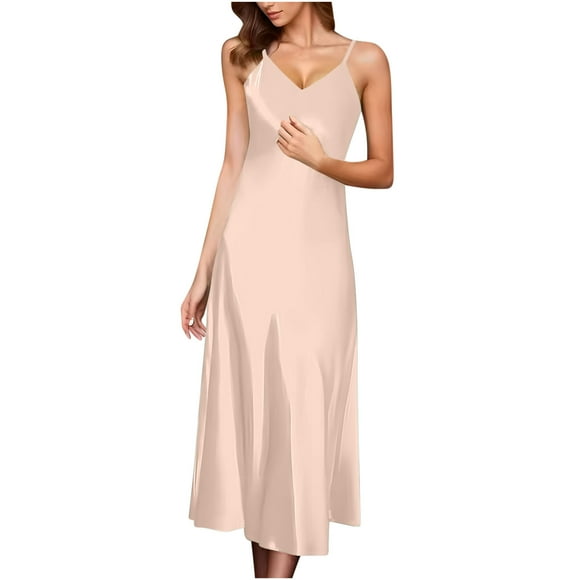 QIPOPIQ Silk Nightgown for Women Long Satin Slip Dress Nightdress Silky Chemise Nightie Soft V Neck Nightwear Clearance