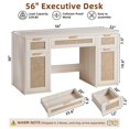 thumbnail image 3 of Joaxswe 56" Office Desk with File Cabinet, Rattan Wood Work Desks, Boho Study Table for Computer Office, Bedroom, Grey White, 3 of 7