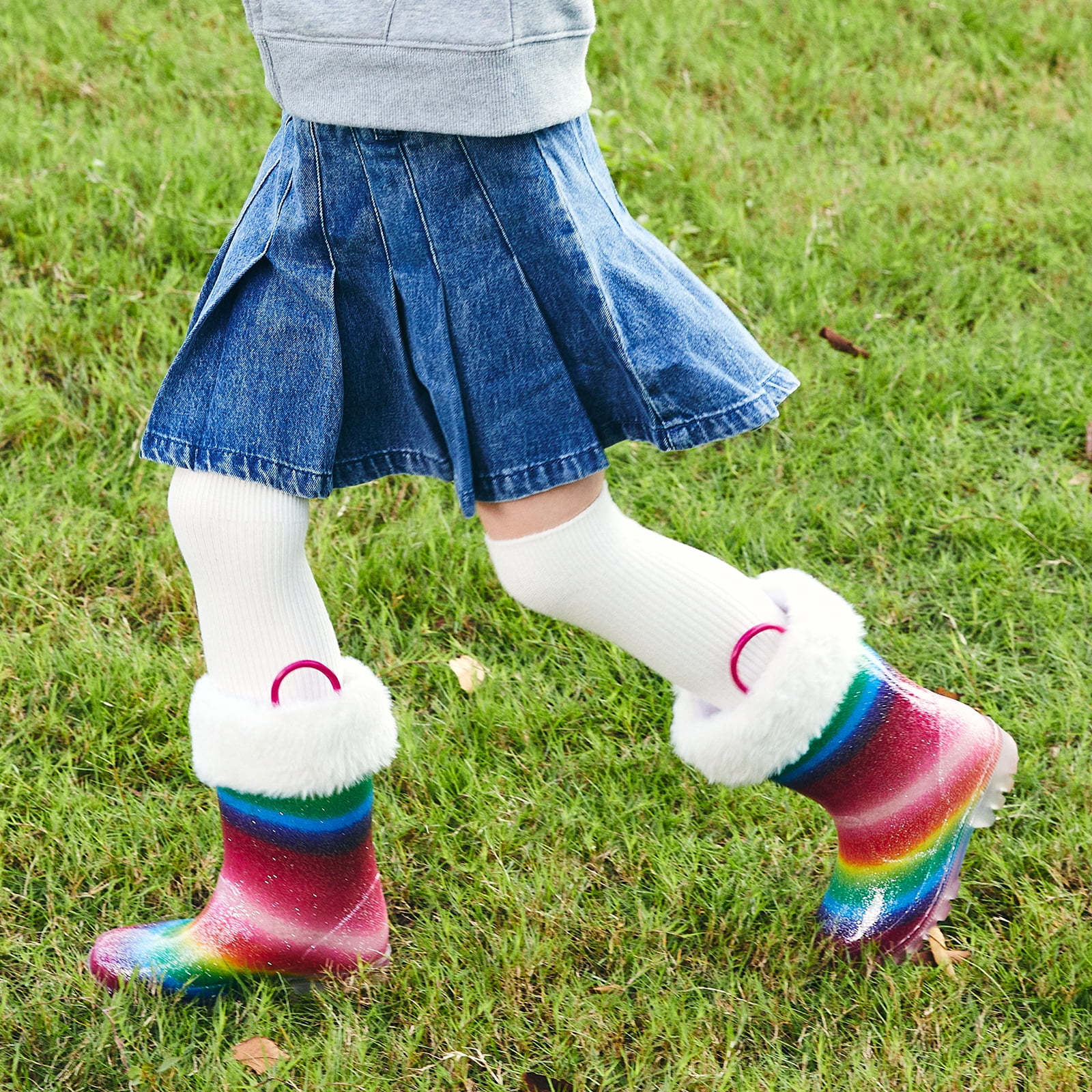 Kids Toddler Light up Rain Boots for Girls Winter Warm Glitter Boots with Removable Lining, Rainbow, Size 2