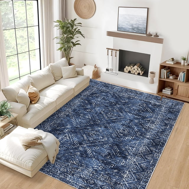 Gaderth 8x10 Living Room Rug, Non Slip Washable Area Rug for Bedroom, Modern Geometric Distressed Diamond Farmhouse Carpet, Low Pile Soft Stain Resistant Floor Rug for Office Nursery
