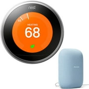 Google Nest T3007ES 3rd Generation Learning Thermostat (Stainless Steel) Bundle with Google Nest Audio Smart Speaker Sky