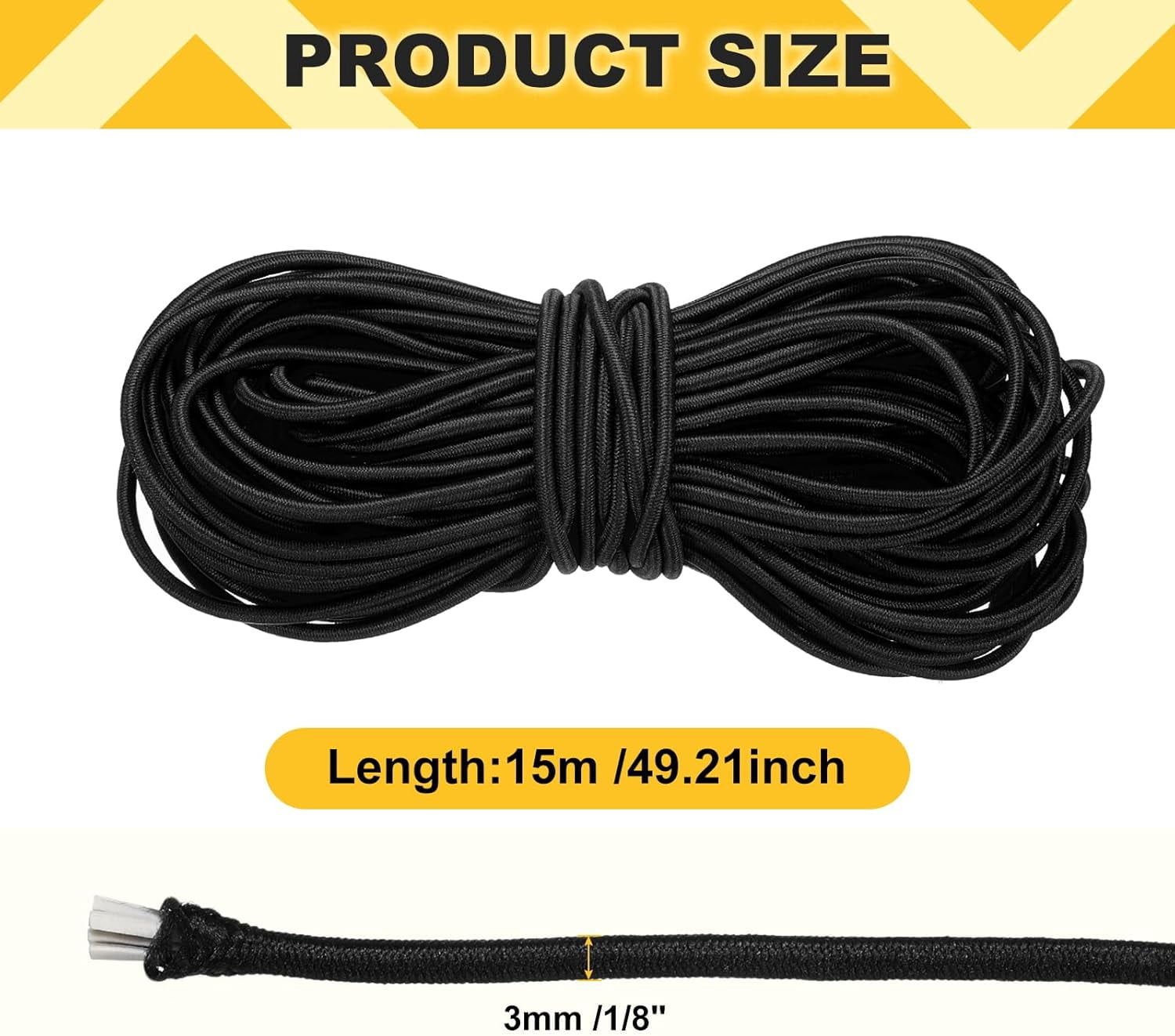 MKEUDQ-Elastic Bungee Cord, 1/8" x 49' Heavy Duty Polyester Bungee Shock Cords Kayak Stretch String Rope for Kayak Strap Tarp Tie Boating Tent Camping DIY Craft, Black