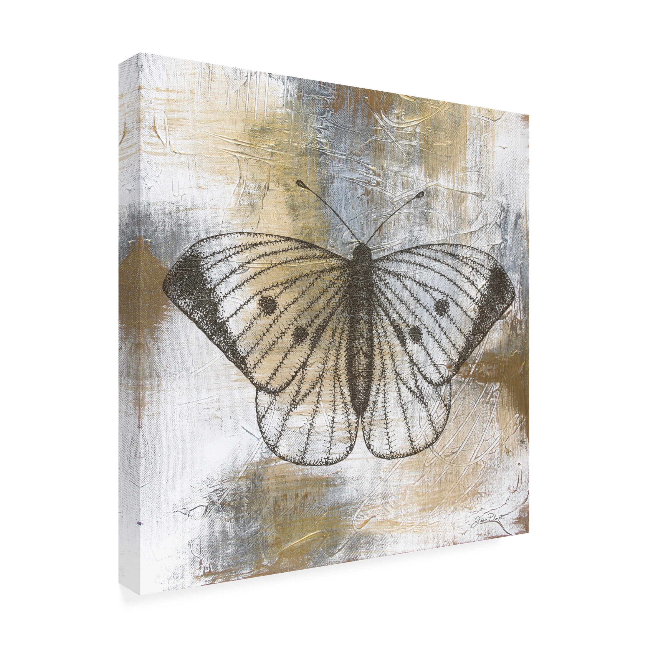 Canvas Wall Art - Jean Plout 'Gold And Grey Textures Butterfly A2' Wall Art for Living Room, Bedroom, or Office Décor by Trademark Fine Art - 14 x 14 Inches