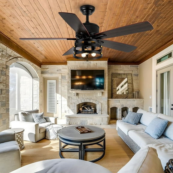 52 inch Farmhouse Caged Ceiling Fan with Light and Remote, Indoor Outdoor, 5 Double-sided Plywood Blades, Dimmable LED Light, E26 Base, Reversible DC Motor