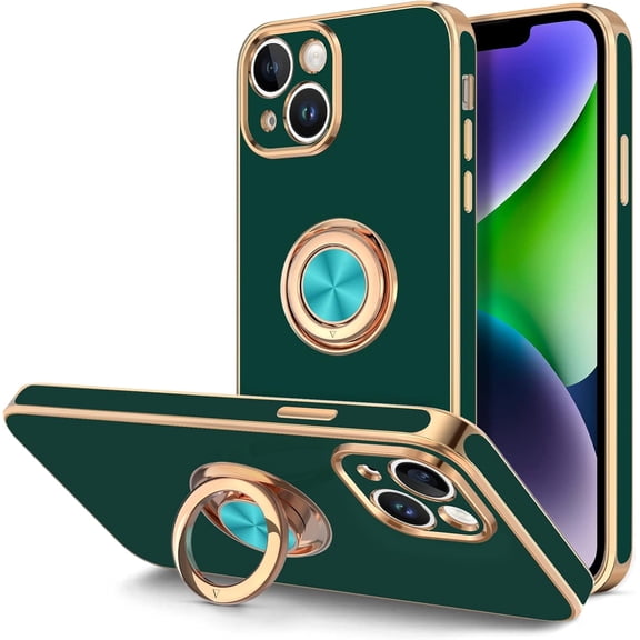 Case for iPhone 14 Plus Case with Ring Stand [ Rotatable Ring Holder Magnetic Kickstand] [Support Car Mount] Plated Gold Edge Soft TPU Luxury Protective Phone Case Cover, Midnight Green