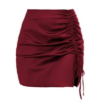 SWSMCLT Women's Bodycon Satin Slit Party Sexy Cocktail Metallic Skirt Pleated High Waist Fashion Zip Up Fitted Burgundy 8-10