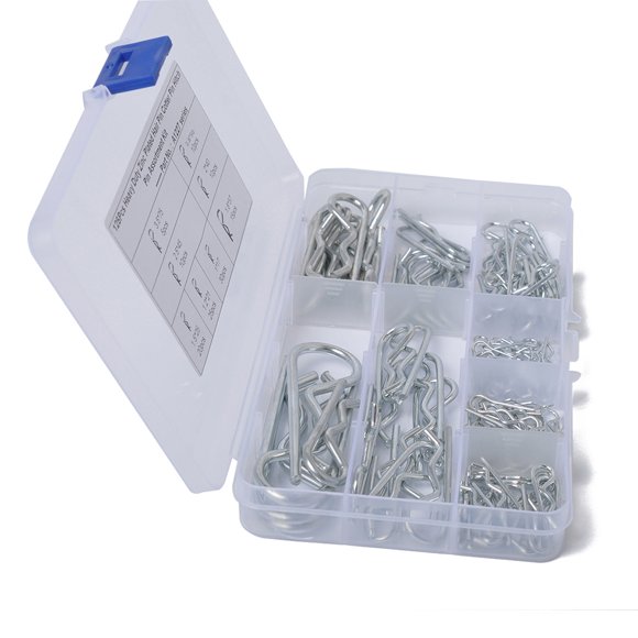 125PCS R-shaped Cotter Pin Set 8 R-shaped cotter Sizes Tractor Pin Clips Plastic Box Assortment Split Cotter Pins Kit