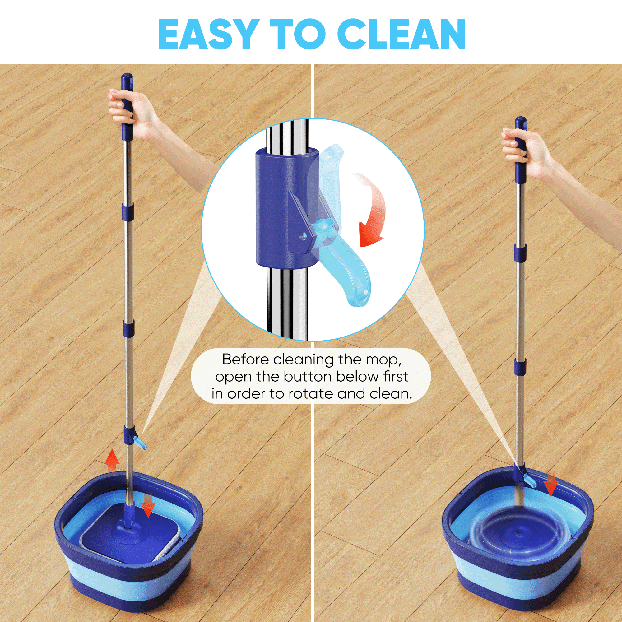 SUGARDAY Spin Mop and Bucket with Wringer Set for Floors, Collapsible Bucket with handle and Flat Wall mop with 5 Microfiber Pads