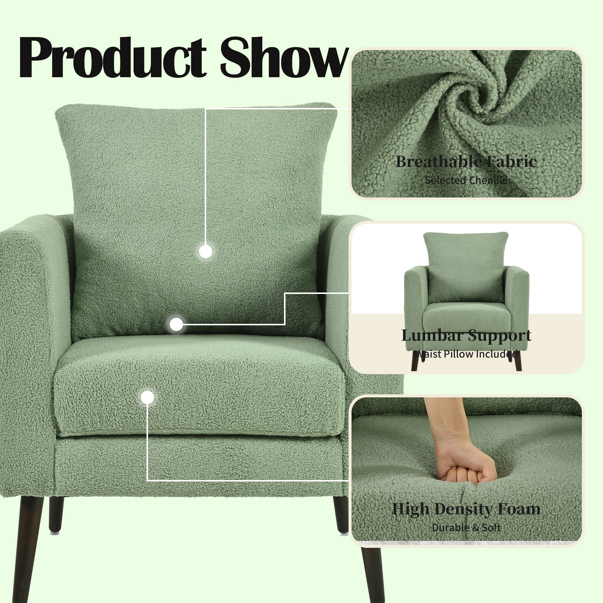 Accent Chair,Fabric Armchair Club Chair Single Chair Upholstered Arm Chair with Solid Wood Legs for Living Room/Bedroom,Green