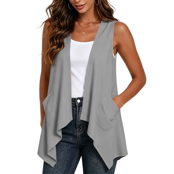 Karymi Plus Size Tops for Women Open‑Front Sleeveless Vest Cardigan, Casual Solid Flowy Asymmetric Hem, Draped Layering Vest with Side Pockets Cover‑Up Womens Tops Dressy Casual