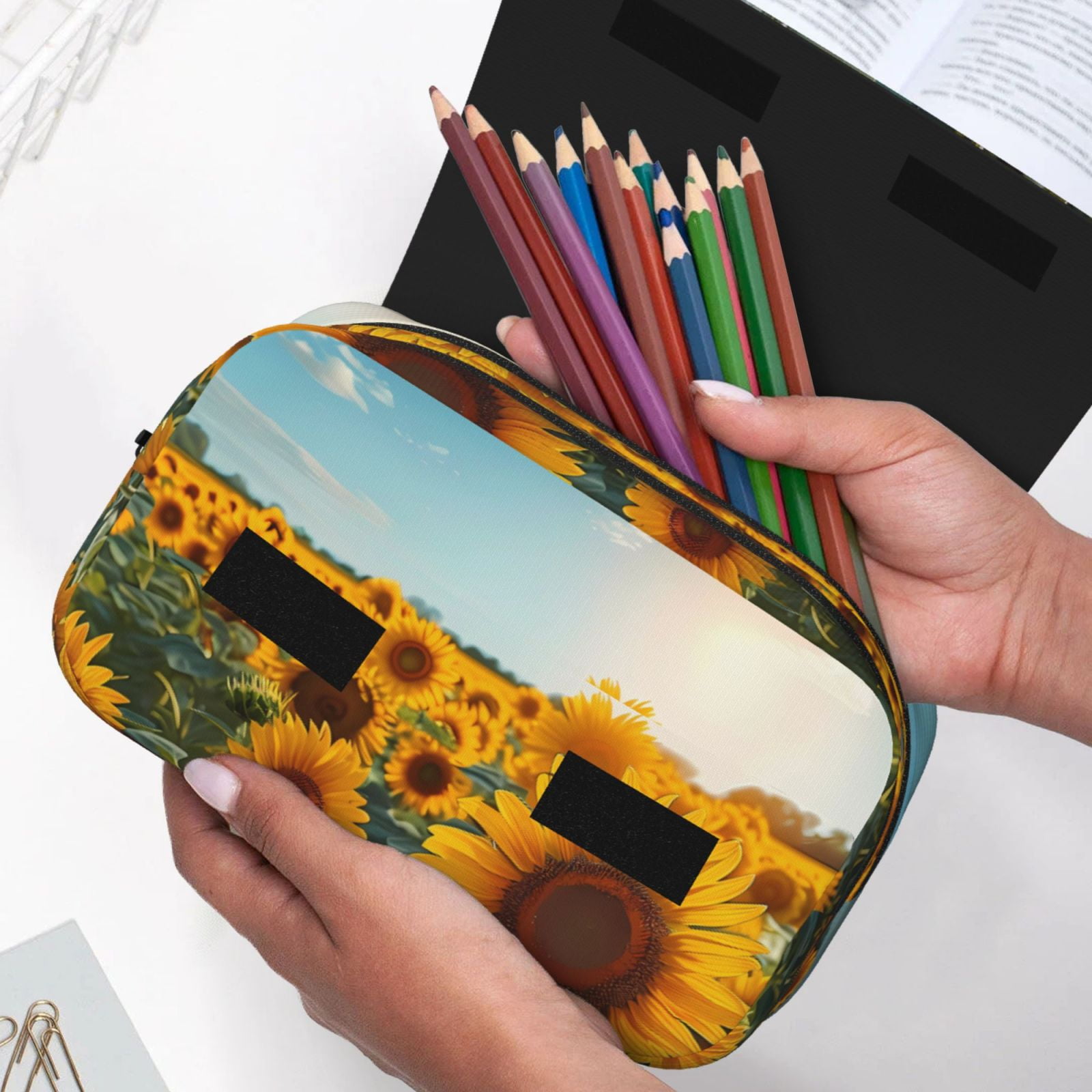 Rateoe Sunlit Sunflower Field Pattern Double Clamshell Pen Case, Storage Organizer with Two Zipper Compartments– Holds Up to 50 Pencils & Pens