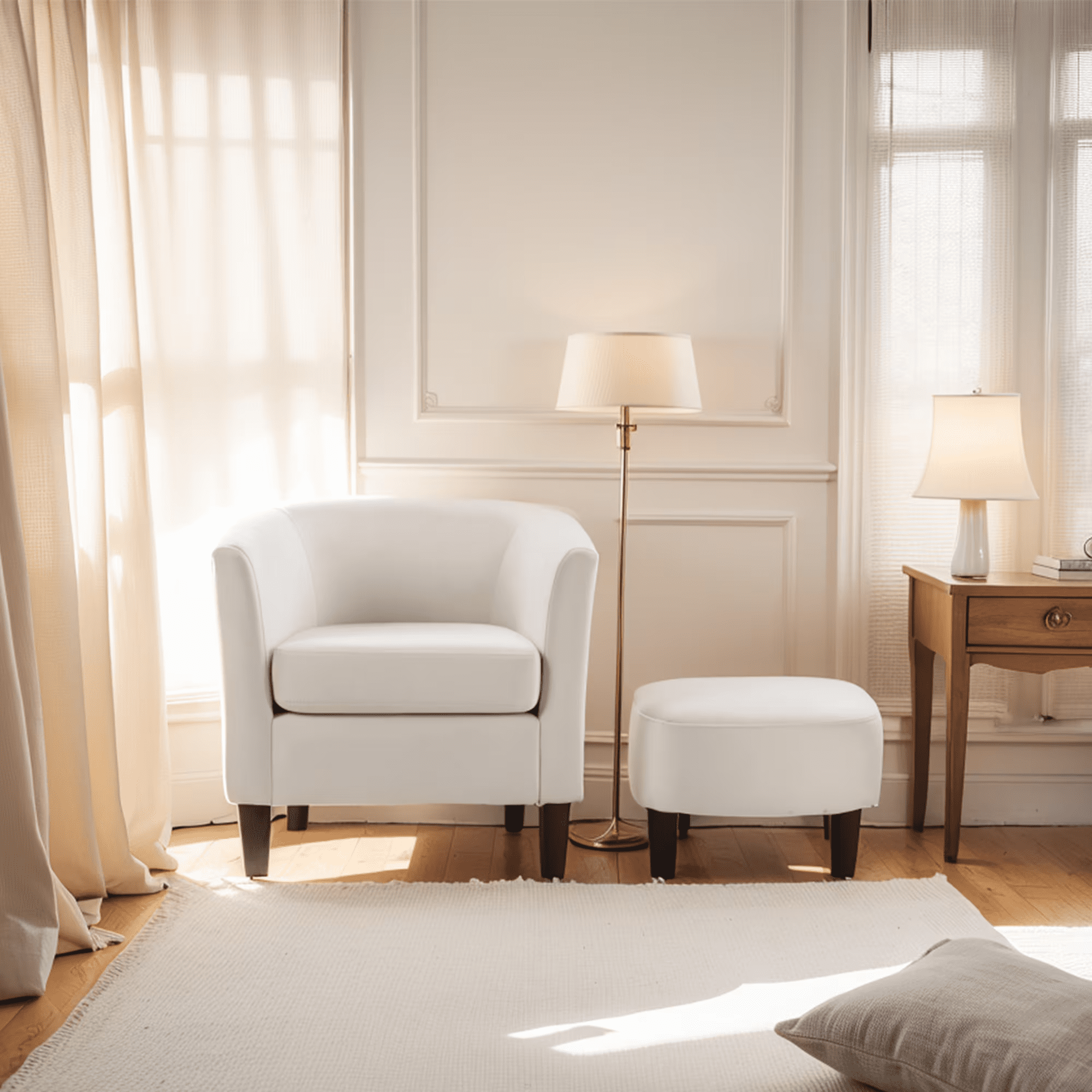 Accent Barrel Chair with Ottoman, Modern Club Chair Comfy Reading Armchair with Footrest for Living Room, White