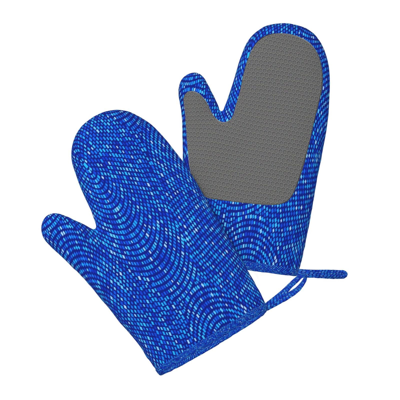 Hirioo Blue Circles Mosaic for Silicone Oven Mitts for BBQ, Baking, Cooking, Set of 2, Heat Resistant 260℃, Non-Slip Kitchen Essentials