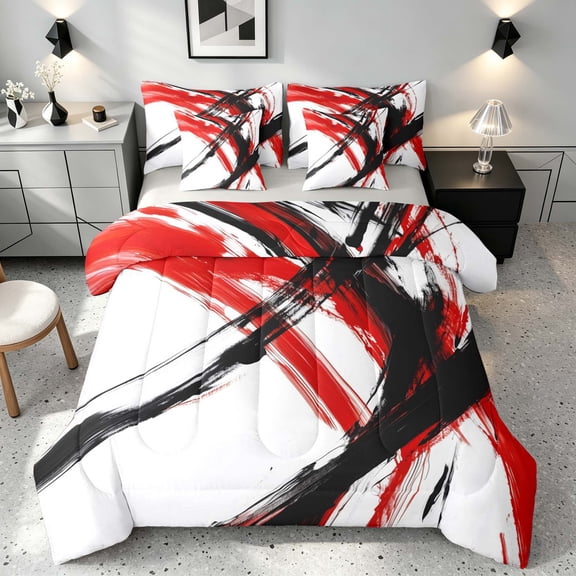 Manfei Abstract Brushstroke Twin Bedding, Watercolor Art Bedding Comforter Set, Red, Black and White, Gray Reversible 7-Piece