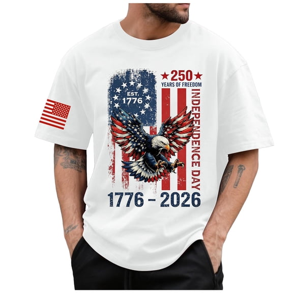 250th Anniversary USA Shirt American Anniversary 250th Independence Day T-Shirt Men's Fashion Casual Printed Round Neck Short Sleeve T Shirt USA Flag 4th of July T-Shirt (White,2XL)