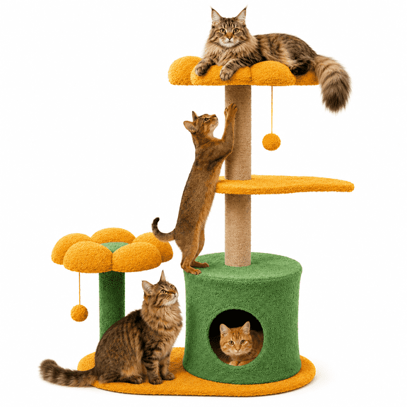 Flower Cat Tree for Indoor Cats, 35-Inch Cute Cat Tower with 2 Flower Perches, Cozy Condo, Sisal Scratching Posts & Hanging Balls, Compact Multi-Level Cat Furniture, Green & Yellow