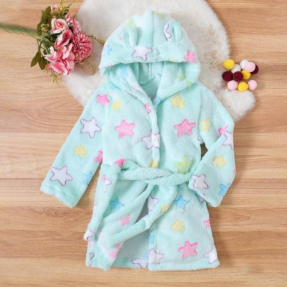 ATOGUTA Kids Robes for Boys Girls Fleece Robe Soft Hooded Bathrobe Sleepwear Light Blue, Size 6M-4T
