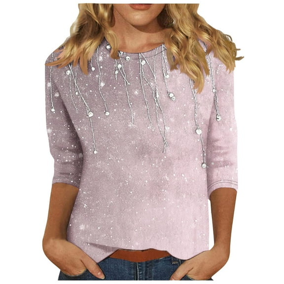 Perfectbot Womens Shirts Round Neck Printed 3/4 Sleeves Tops Casual Pullover Blouse