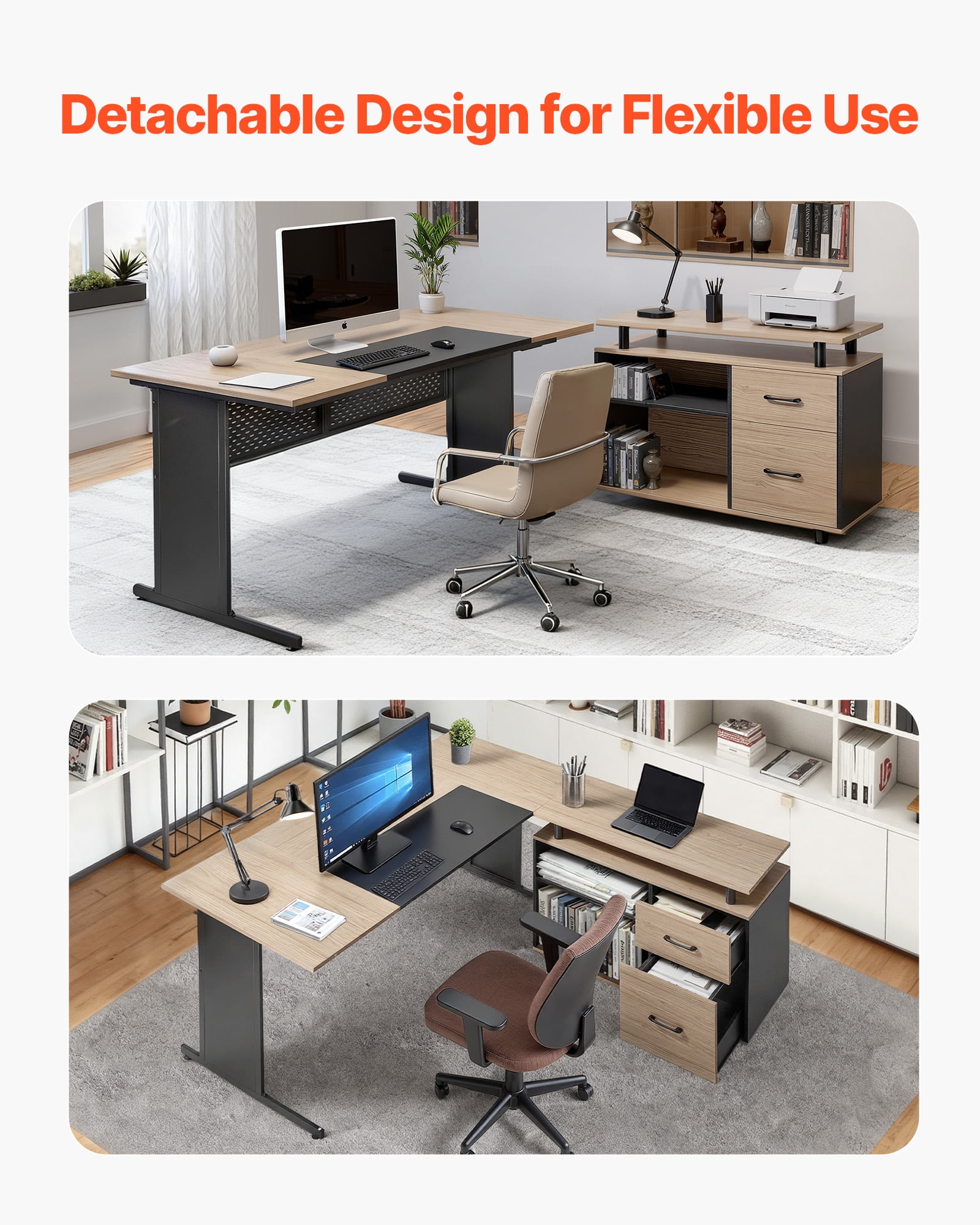 VEVOR L-Shaped Executive Desk, Modern Reversible Office Table with Drawers & Storage Cabinet, Heavy Duty Large Wooden Executive Table, 350 LBS Load Capacity, Easy Assembly, for Work Study Writing