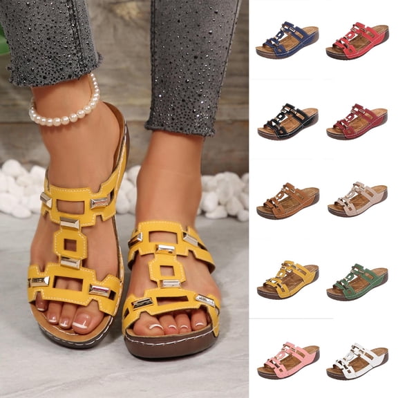 Rvasteizo Womens Thick Sole Peep Toe Wedge Shoes Solid Summer Casual Pull-On