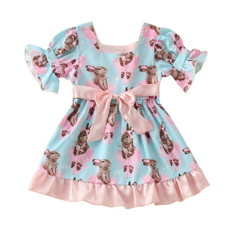 

ZMHEGW 1-4Y Kids Toddler Baby Girls Easter Rabbit Printed Puff Sleeves Dress Princess