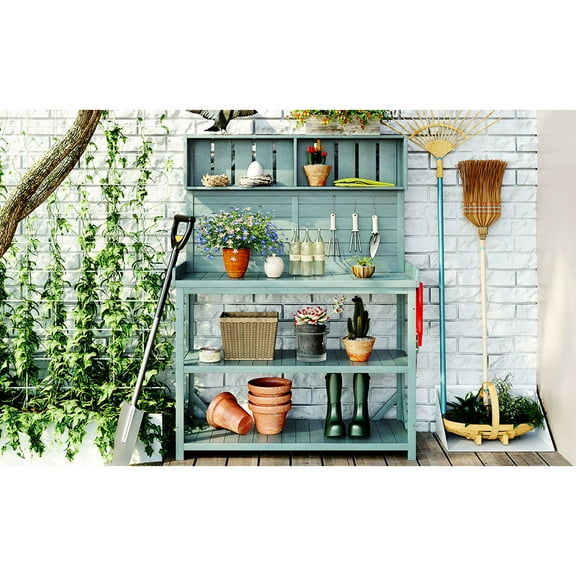 Wooden Potting Bench For Patio, 4 Storage Shelves And Side Hook Included Outdoor Table In , Hook, Solid Wood Build