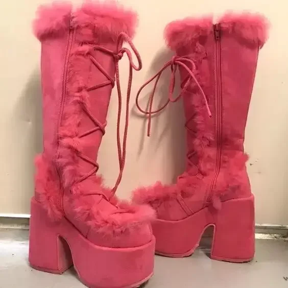 New Handmade made Winter Women Snow Boots Platform Wedge High Heel Faux Fur Shoes Female Plush Warm Non slip Mid Calf Goth Shoes Walmart