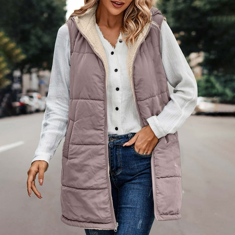 Hvyesh Womens 2023 Fall Reversible Vests Warm Sleeveless Fleece Jacket Zip  Up Hoodie Pockets Long Coat Outerwear Dressy Hoodies Gilet