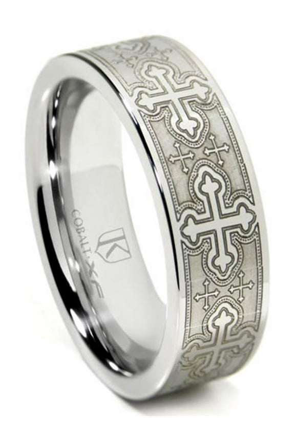 Cobalt Xf Chrome Laser Engraved Wedding Band Ring With Cross Designs Sz 10.5
