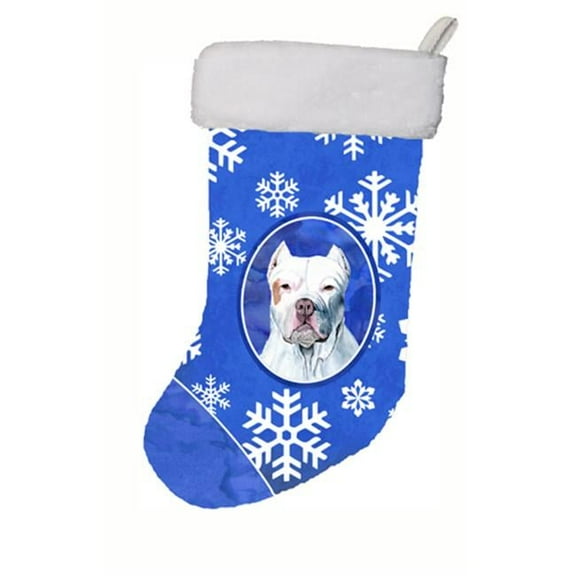 11 x 18 in. Pit Bull Winter Snowflakes Christmas Stocking