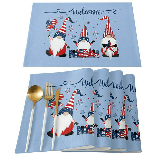 American Flag Gnome Burlap Placemats Set of 4 Memorial Independence Day 4th  of July God Bless America Table mats Placemat Kitchen Mat Dining Room
