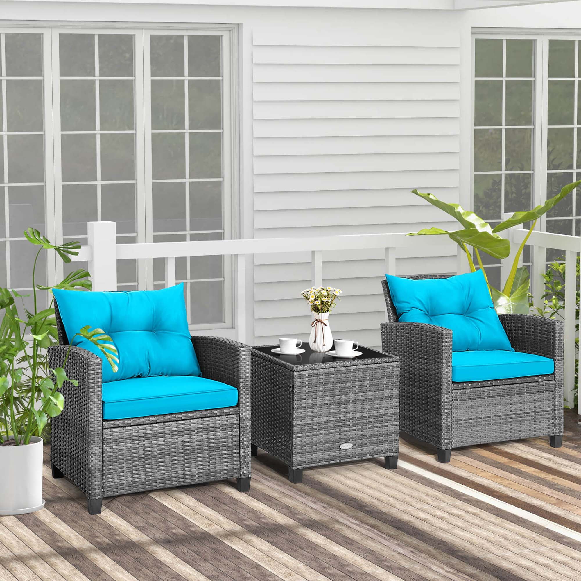 Costway 3-Piece Rattan Outdoor Patio Dining Set with Side Table Armrest, Gray/Turquoise