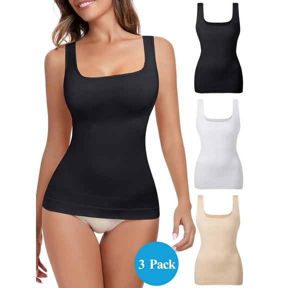 Sheryer 3-Packs Women's Seamless Shapewear Tank Top, Square Neck Tummy Control Body Shaper Compression Camisole, Sizes S-2XL