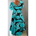 thumbnail image 3 of Nyfairy Women's Teal Floral Print Short Sleeve V-Neck Flowy Midi Dress, 3 of 4