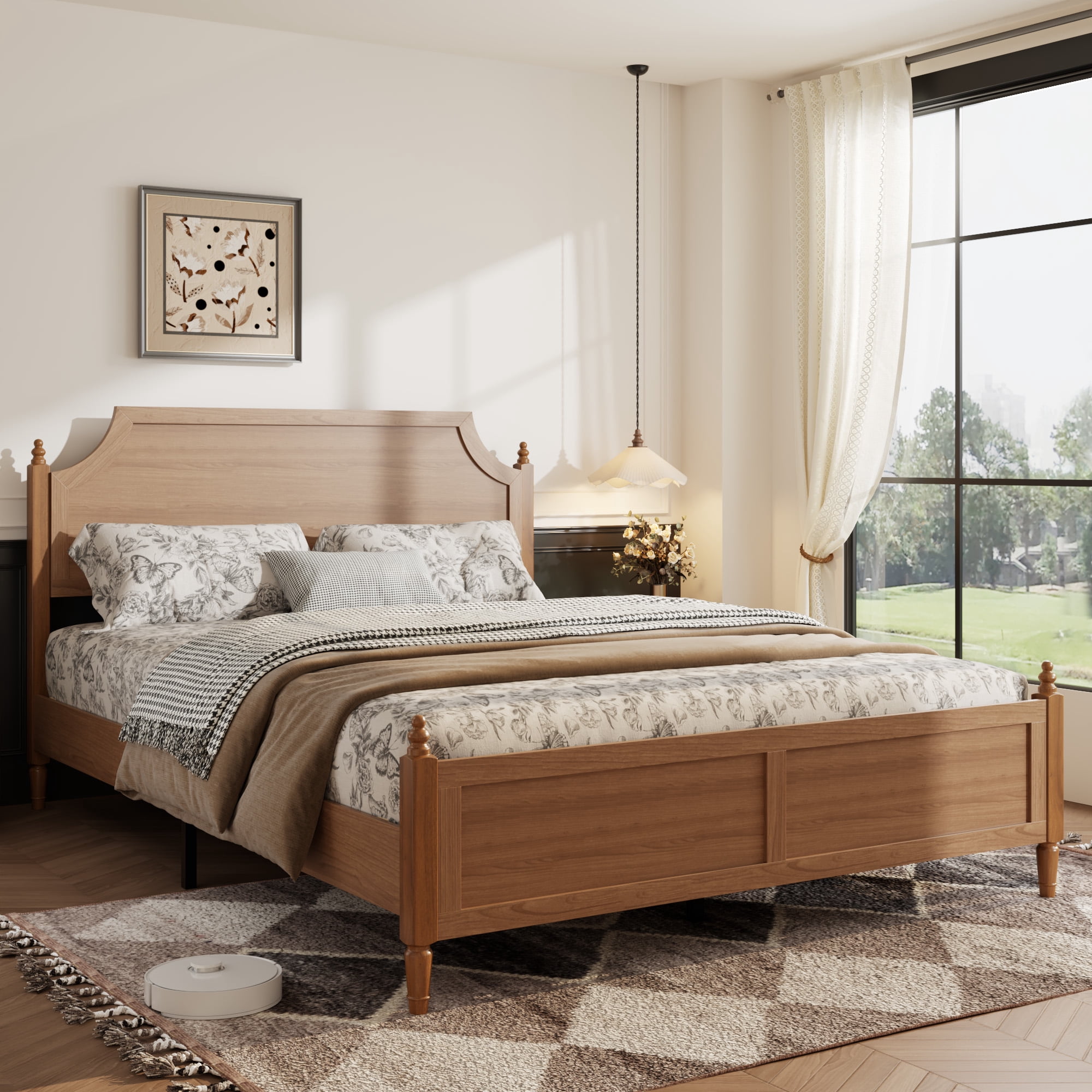 Mintazer Queen Size Farmhouse Curved Platform Bed Frame with Headboard & Footboard for Guest Master Bedroom, No Box Spring Needed, Walnut Brown