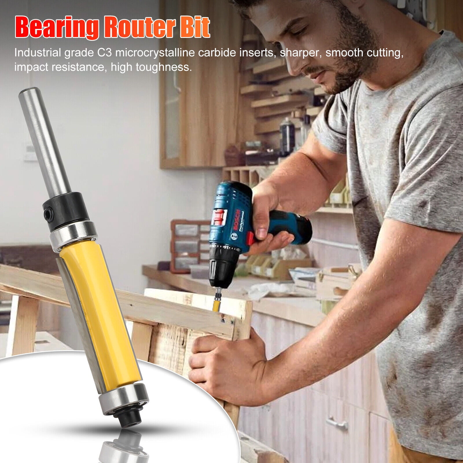2Pcs 1-1/2" 1/4" Shank Flush Trim Top Bottom Bearing Router Bit Woodworking Tool