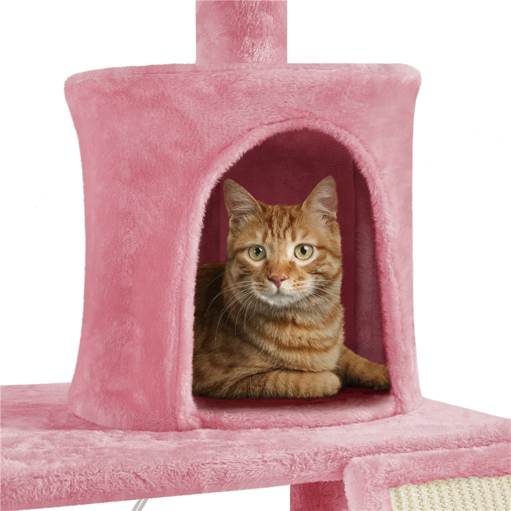 Yaheetech 63.5″ H Cat Tree with Basket Hammock Scratching Post for Indoor Cats, Pink