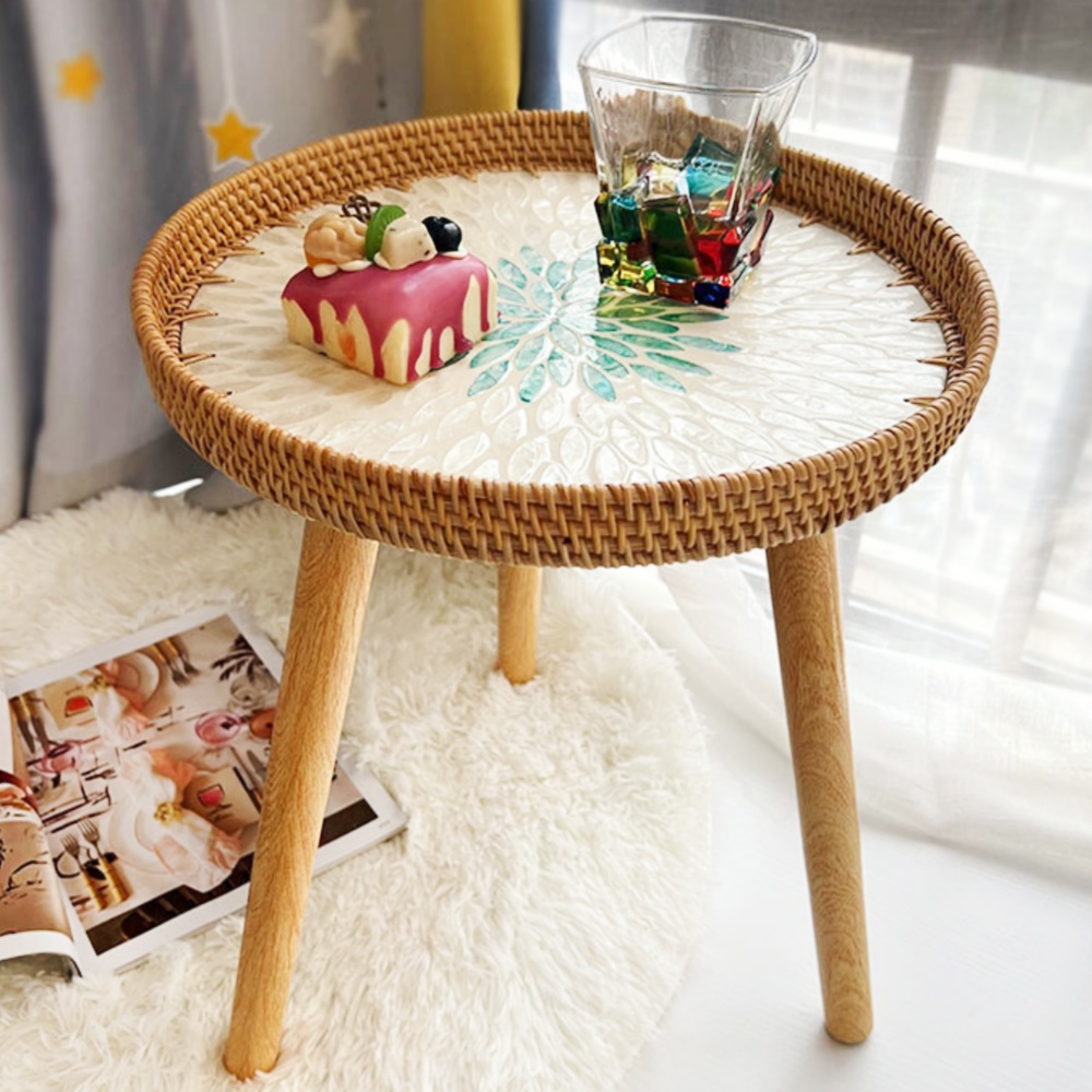MEHOOM 16"Round End Table for Living Room, Handmade Rattan Shell Wooden Side Table, Small End Table Farmhouse Small Coffee Table, Round End Table Home Decor for Bedroom Small Spaces Corner