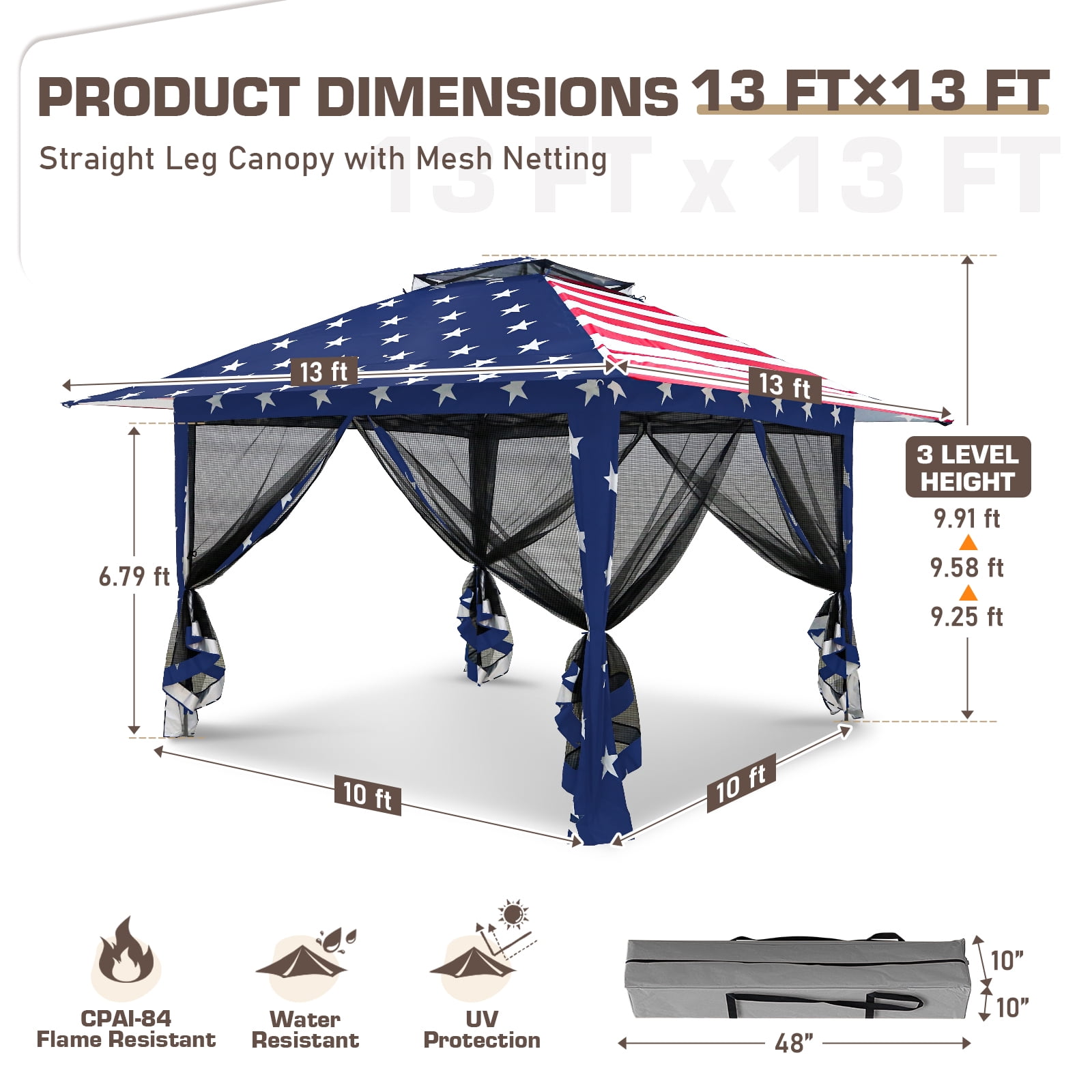 EAGLE PEAK 13 x 13 ft Pop-Up Gazebo Tent Instant w/ Mosquito Netting，Outdoor Gazebo Canopy Easy Set-up Folding Shelter (American Flag)