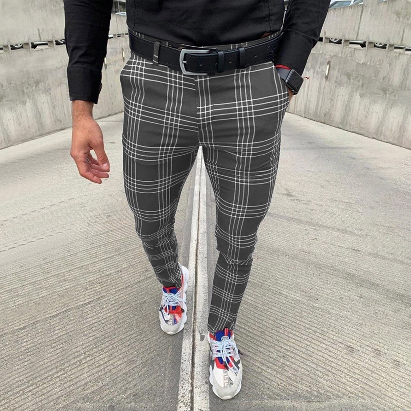 Black Dress Long Sleeve Men Dress Pants,Casual Plaid Flat-Front