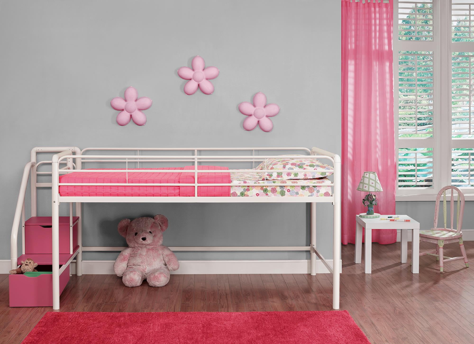 DHP Junior Twin Metal Loft Bed with Storage Steps, Twin Size, Pink