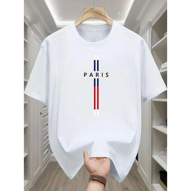 Men'S Casual Summer T-Shirt, Paris Avenue Letter Printing, Cotton Knitted Fabric, Round Neck, Comfortable Fit, Fashionable Short-Sleeved Shirt, Suitable for Adults., Casual Sporty Tee, Comfy Tee