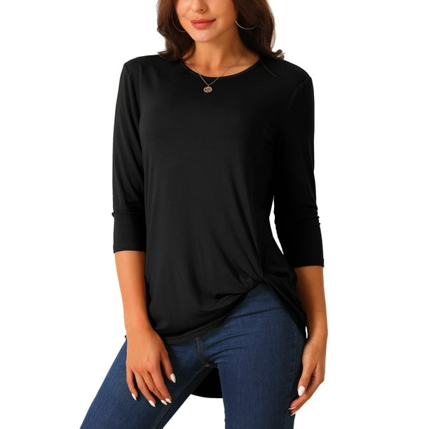 INSPIRE CHIC Blusas Casual de Mujer de Largo Desigual con Mangas 3/4 y Nudo en la Cintura Cuello Redondo Fluido Negro S