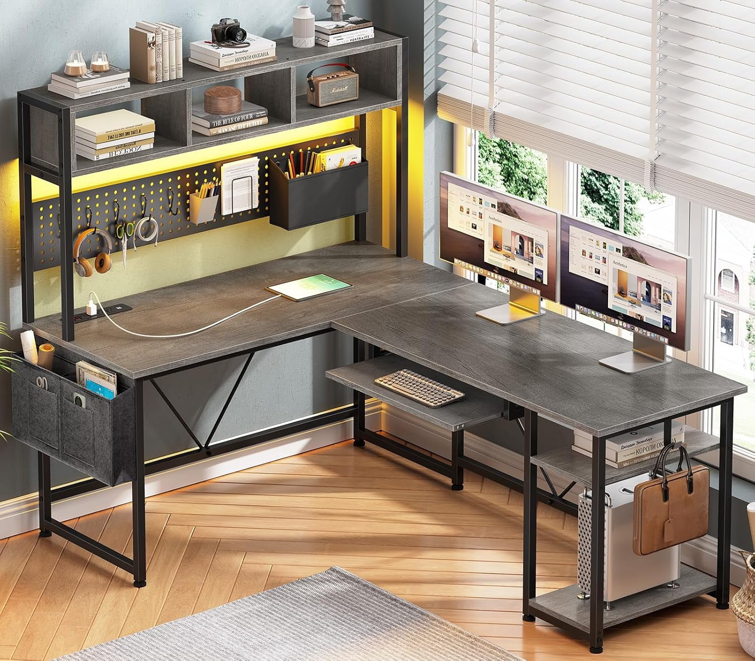 SEDETA L Shaped Gaming Desk with Hutch, 57.5” Reversible Home Office Desk with Power Outlet and Pegboard, Gaming Computer Desk with Keyboard Tray and LED Lights and Storage, Grey