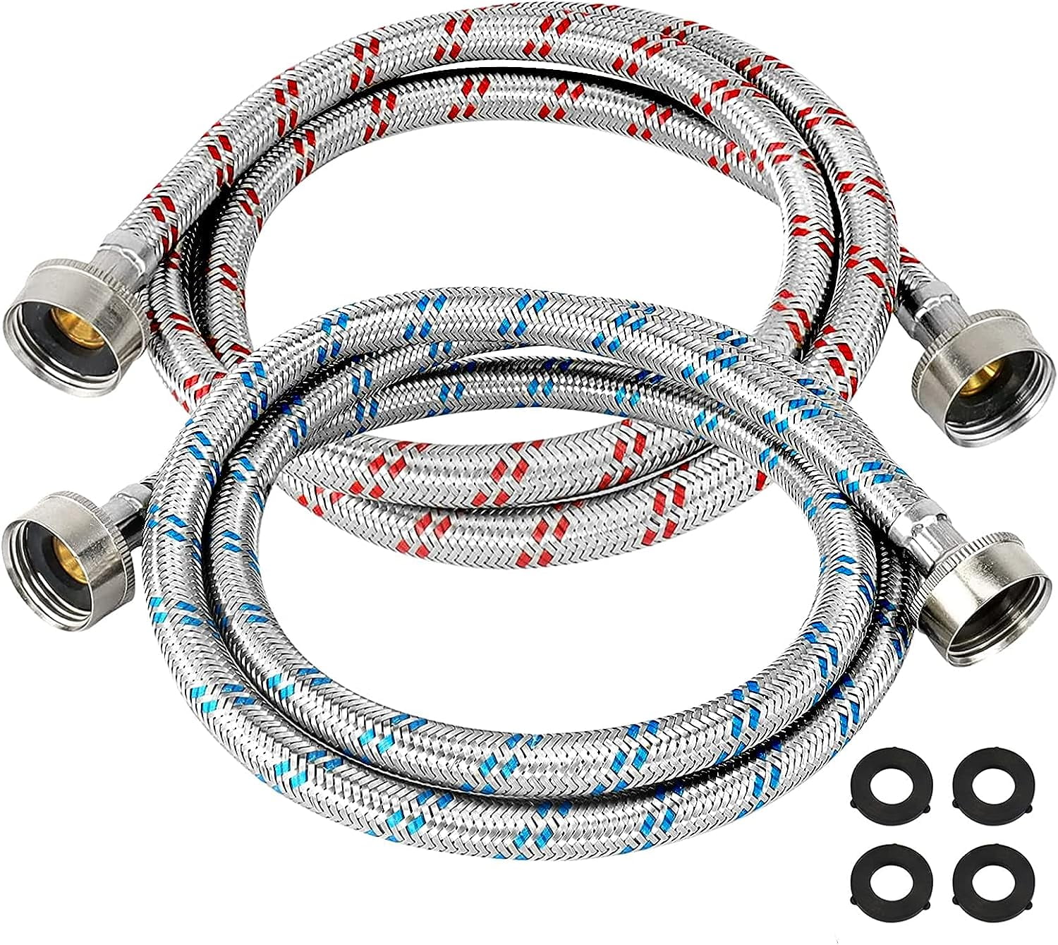 WXXSSB-4 Ft Washing Machine Hoses Burst Proof Braided Stainless Steel - Fit for ALL Washers - Red and Blue Washer Hoses(2 Packs) - 10 YEARS WARRANTY
