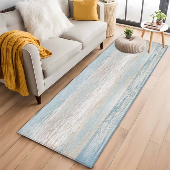 Hallway Runner Rug 2'x6', Blue Beige Farmhouse Long Non-slip Runner Rugs, Vintage Wooden Striped Washable Outdoor Indoor Throw Floor Carpet Mat for Living Room/Bedroom/Kitchen/Office/Laundry