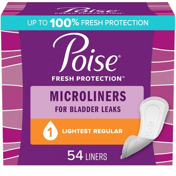 Poise Daily Microliners, Incontinence Panty Liners, 1 Drop, Lightest Absorbency, Regular, 54Ct