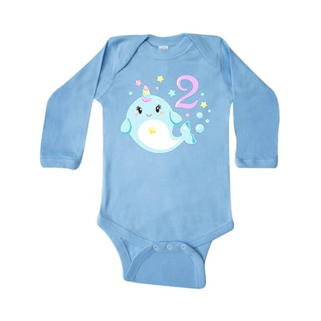 

Inktastic Happy 2nd Birthday with Cute Narwhal Stars and Bubbles Gift Baby Boy or Baby Girl Long Sleeve Bodysuit
